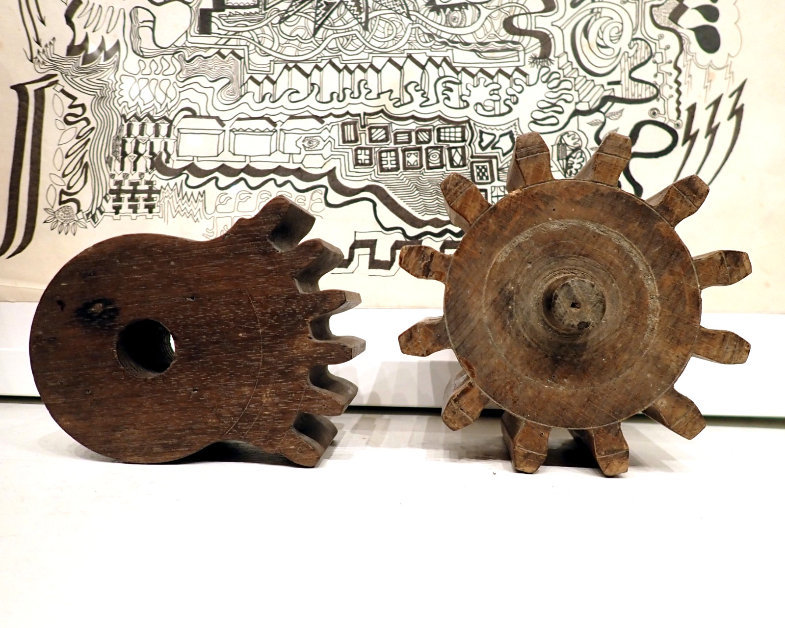 Industrial Cogs Pair Wooden Gears cog patterns Foundry molds Antique H.J.H. King