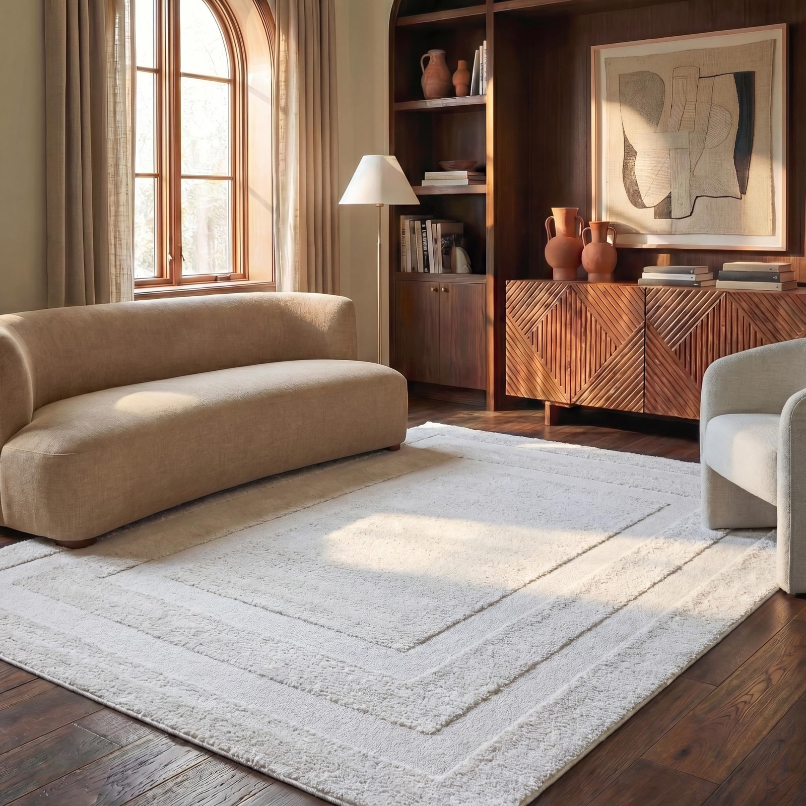 Area Rug 8x10 - Florida Shag Collection - Large - Creme & Creme, Border Desig...