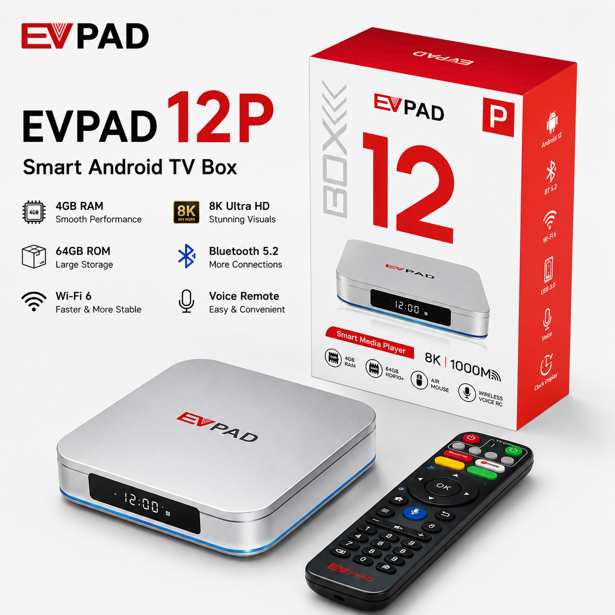 EVPAD 12P 易播电视盒 安卓12 8K WiFi 6 4GB+64GB 语音遥控 全新