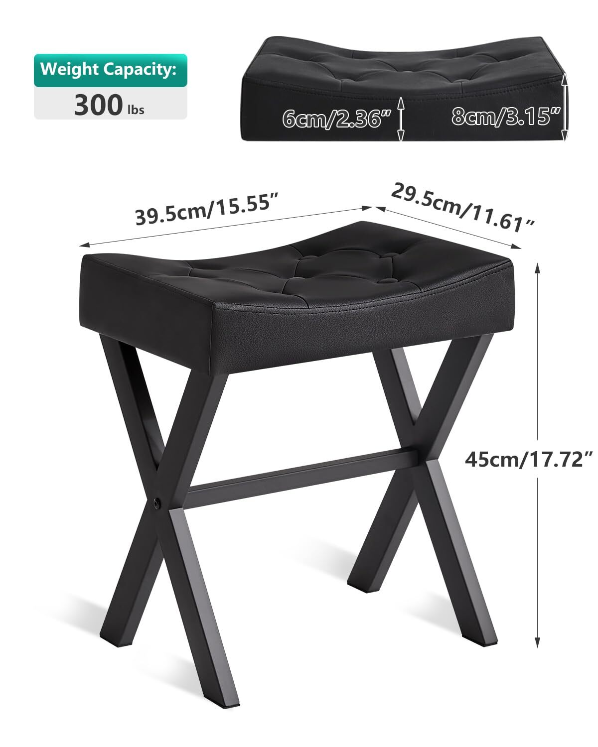 U-Shaped PU Vanity Stool Square Makeup Chair with X-Leg Ottoman Seat Footrest...