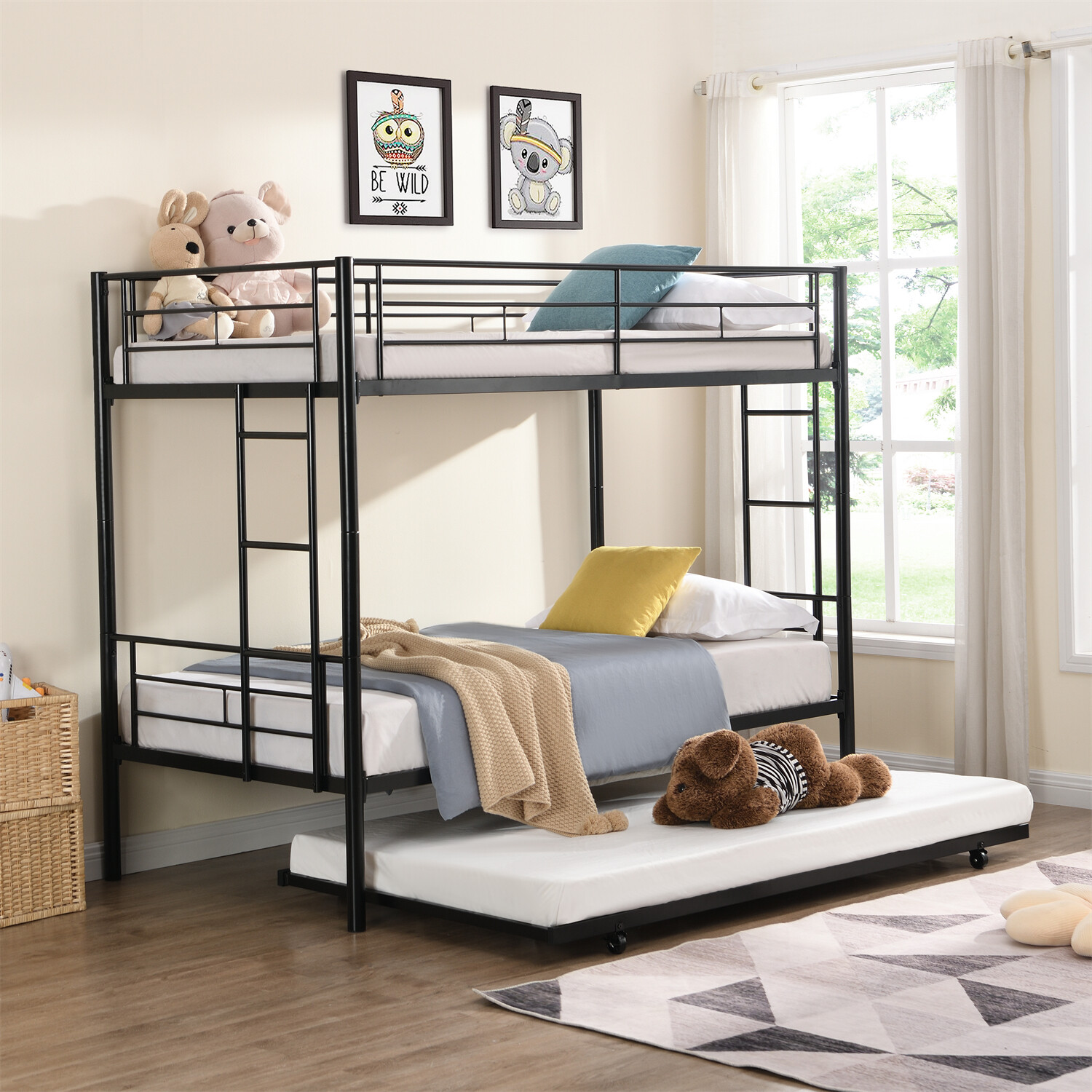 Twin Over Twin Bunk Bed Heavy Duty Metal Bunk Bed Frame with Trundle Bed