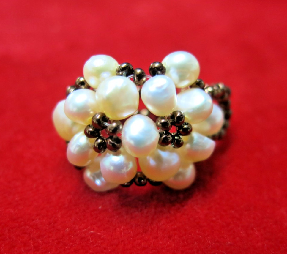 Natural Cultured Freshwater Pearl Beads Flower Cluster Ring Handmade sz 8