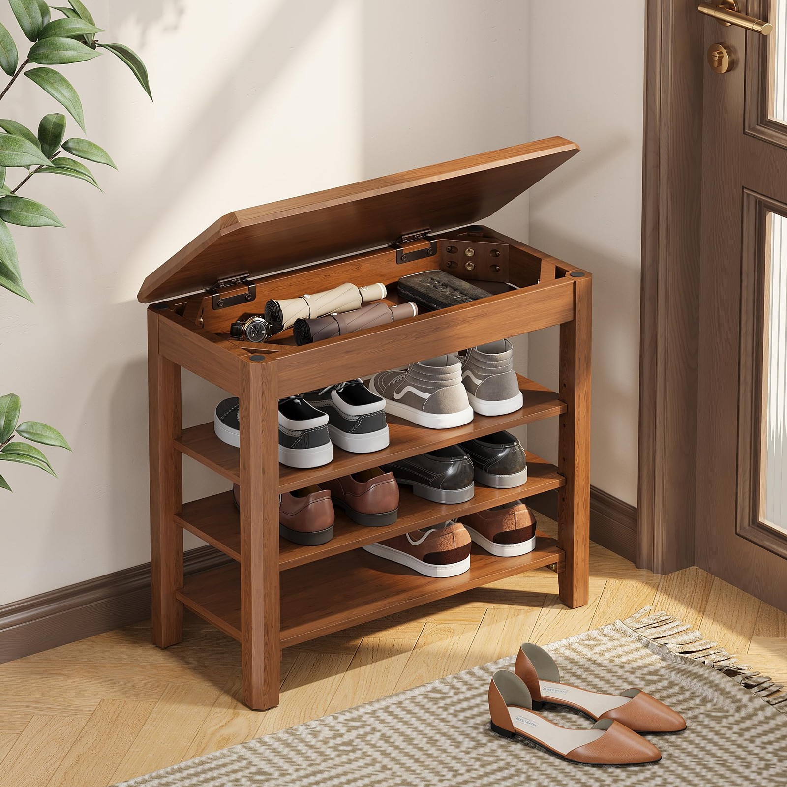 Iunvr Shoe Rack Bench Seat Rubberwood 3-Tier Wooden Storage Bench 550Lbs