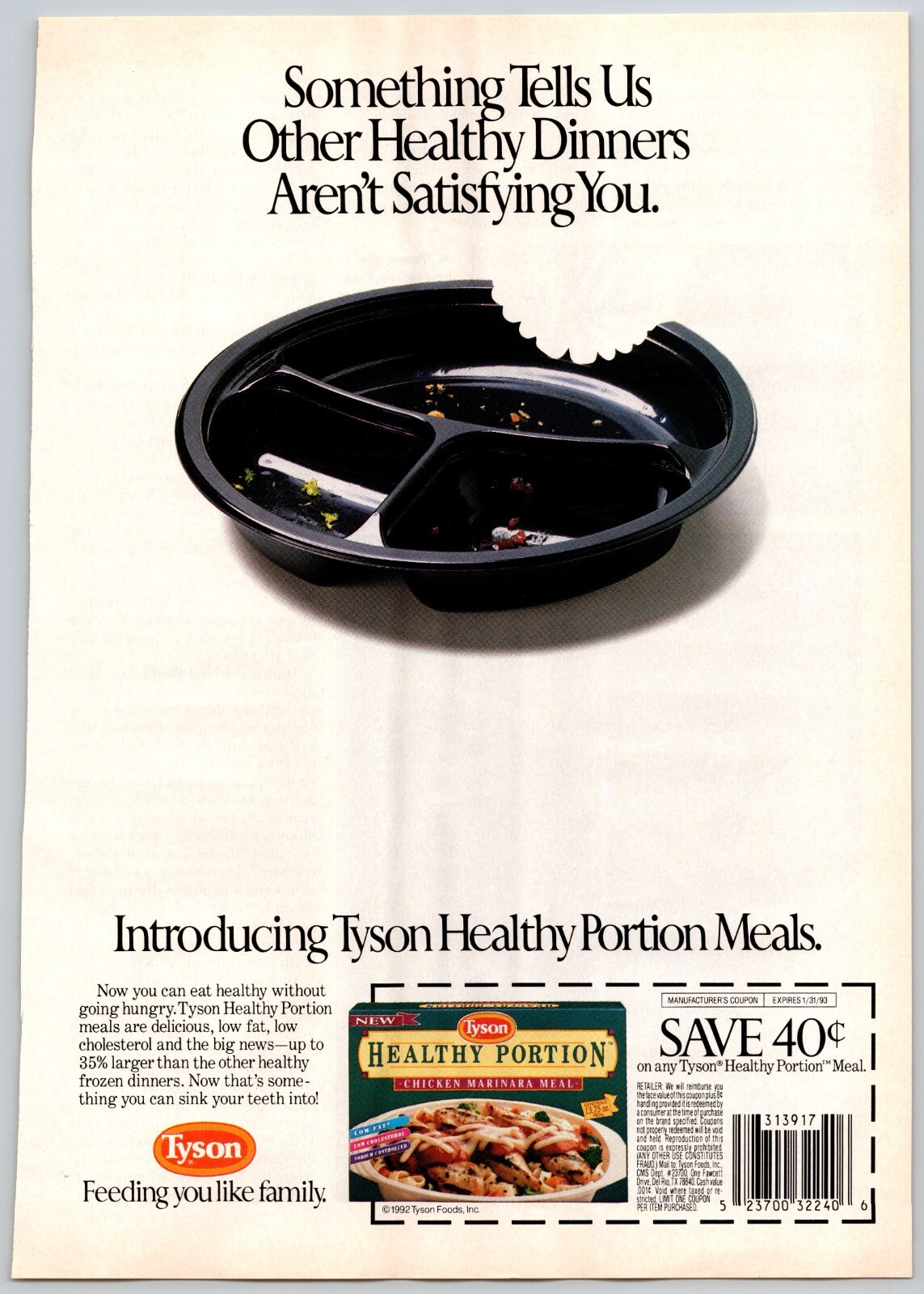 Tyson Healthy Portions TV Dinner Print Ad 1992 Advertising Advertisement Vintage