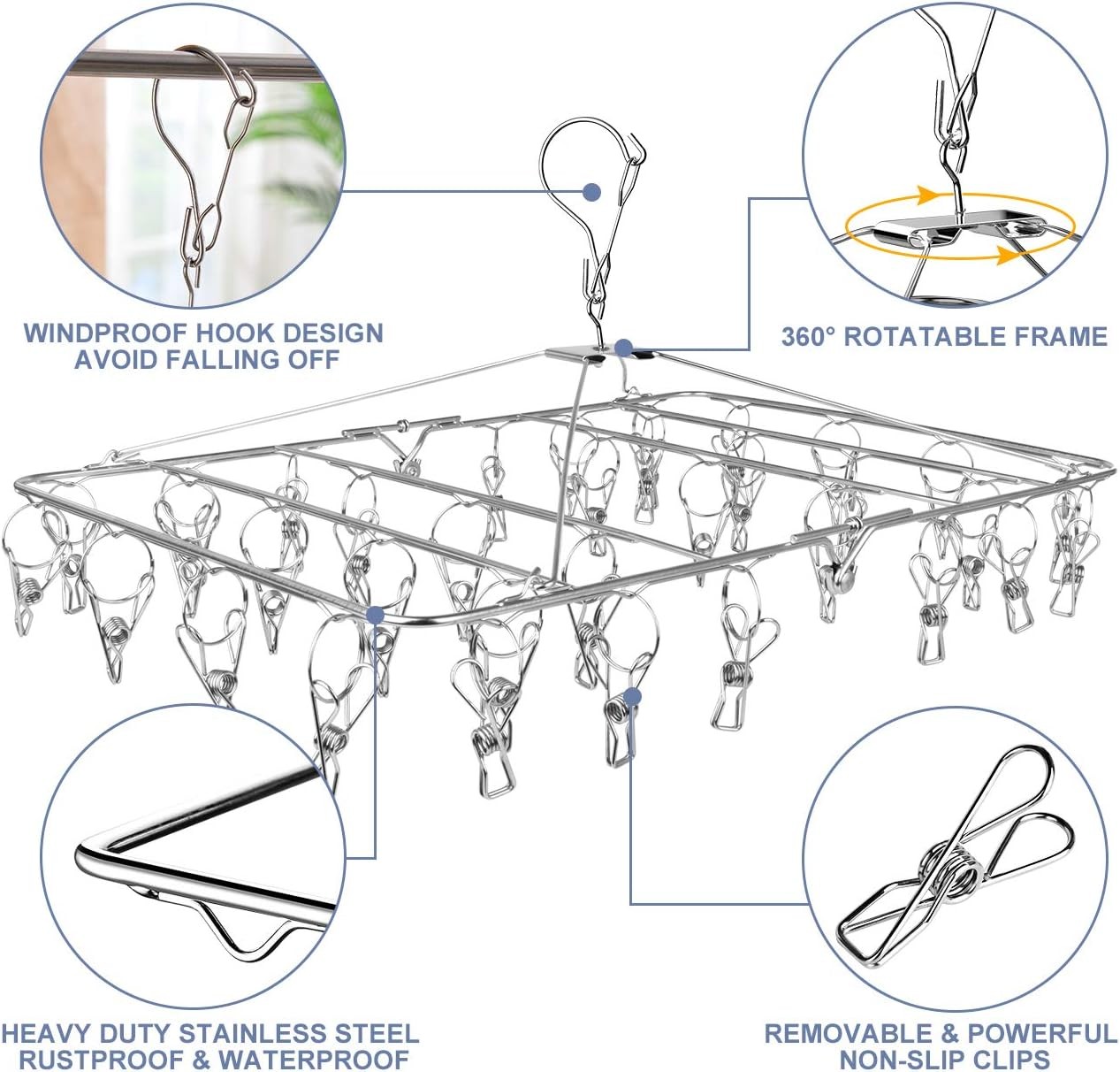 Drying Rack, 52 Clips Stainless Steel Laundry Drying Rack Folding