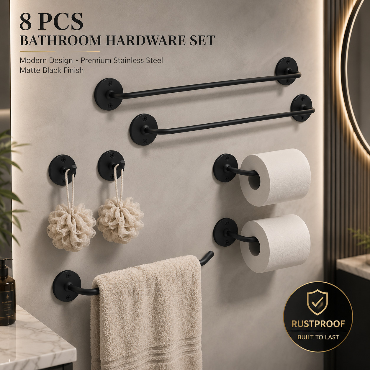 8PCS Bathroom Hardware Set 304 Stainless Steel Towel Bar TP Holder Robe Hook