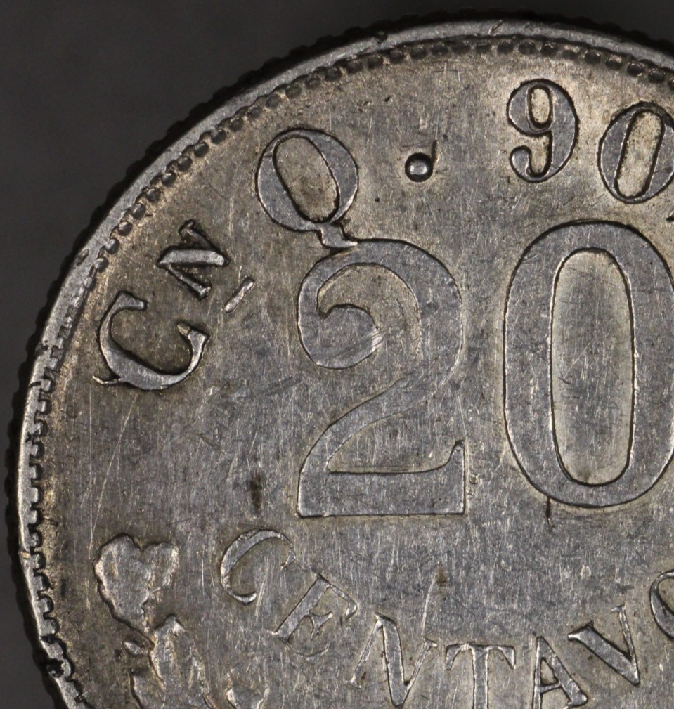 1902 Cn Q Mexico Silver 20 Centavos
