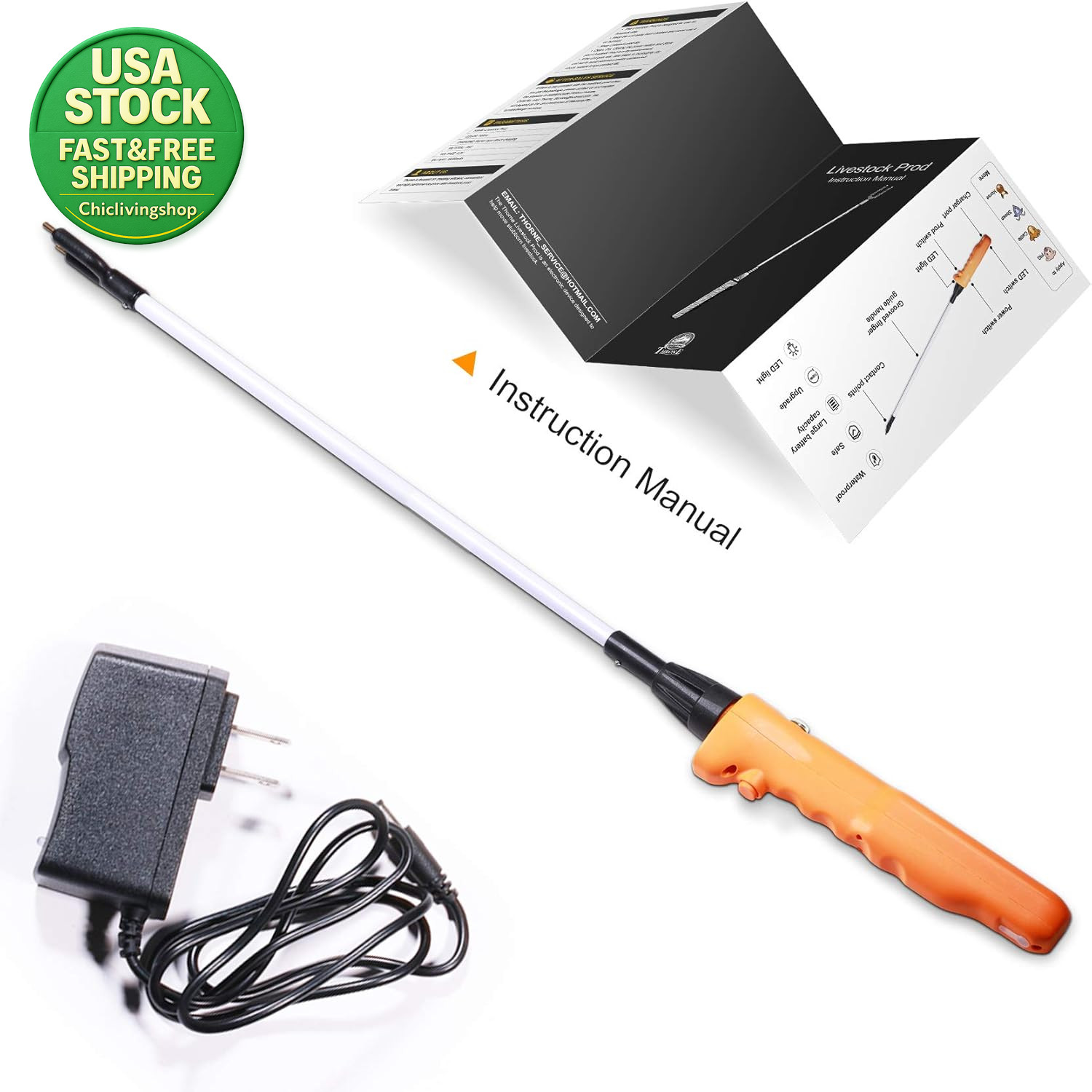 Cattle Prod Waterproof Livestock Prod Stick with LED Light 33.8 Inch