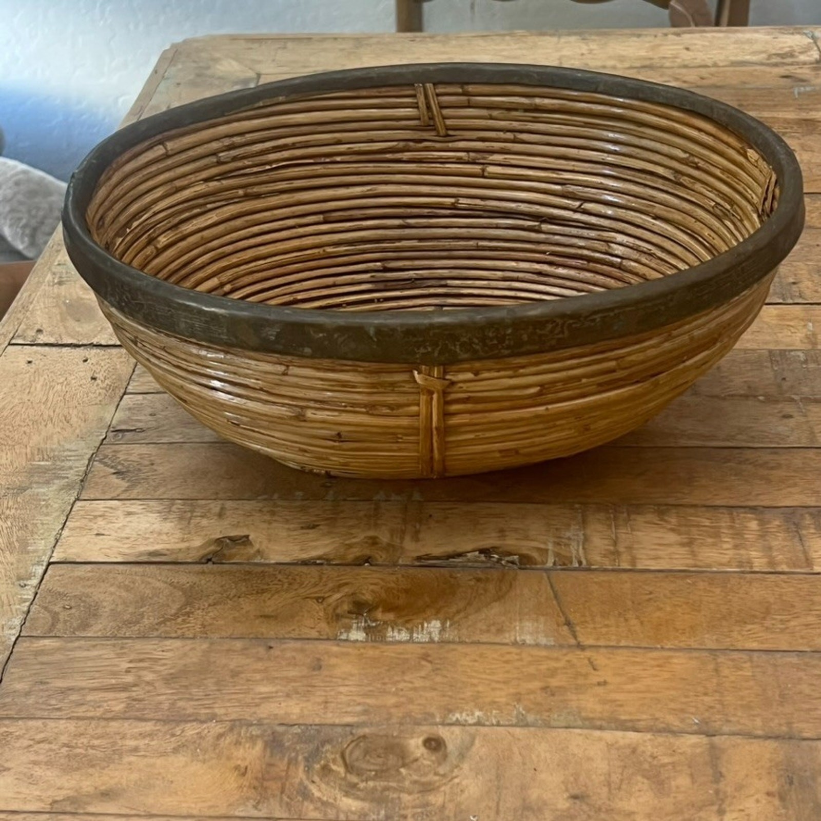 Vtg Crespi Style Italian Pencil Reed Rattan Brass Basket Bowl 12.5" Hand Crafted