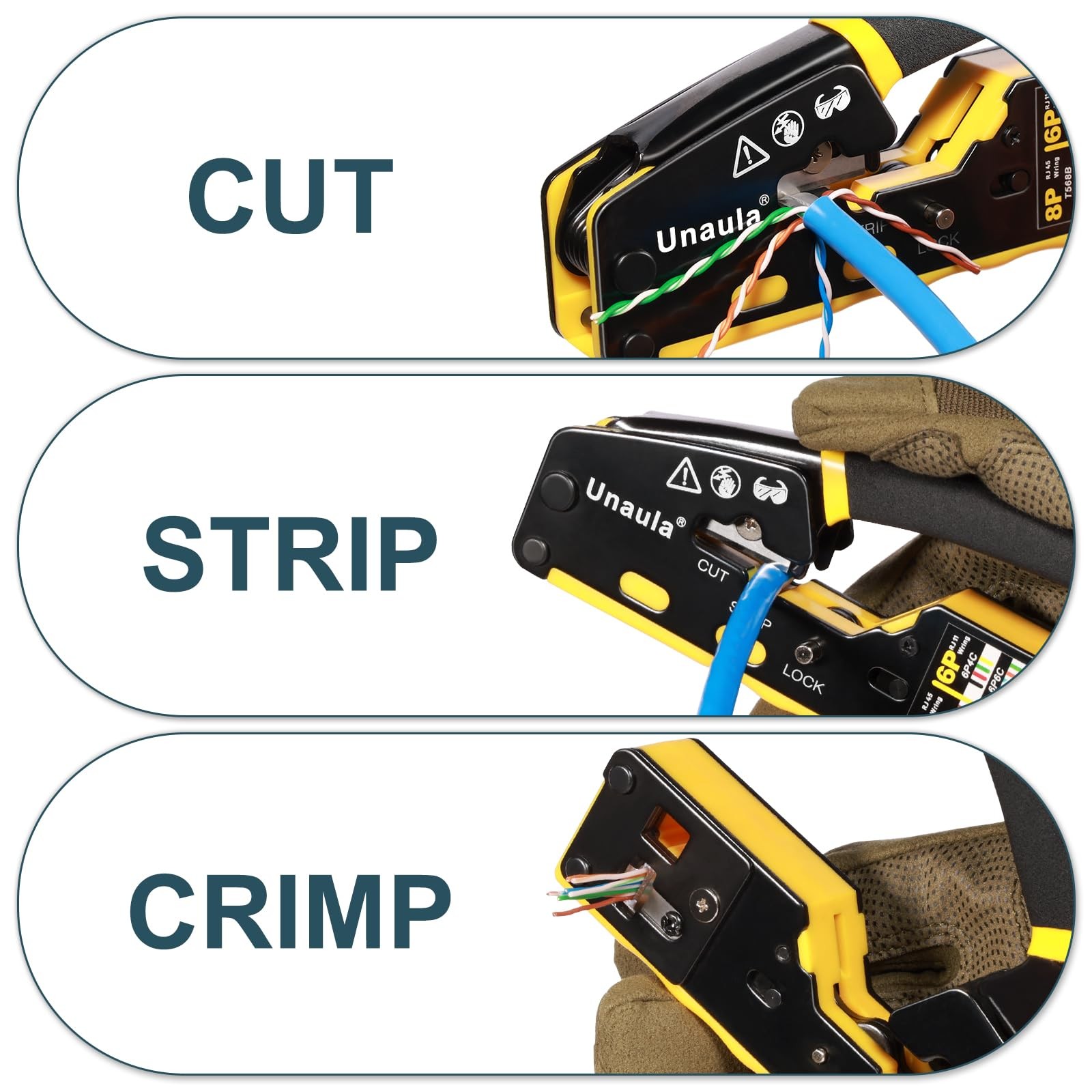 RJ45 Crimp Tool Pass Through Ethernet Crimper Kit Compact, Black & Yellow