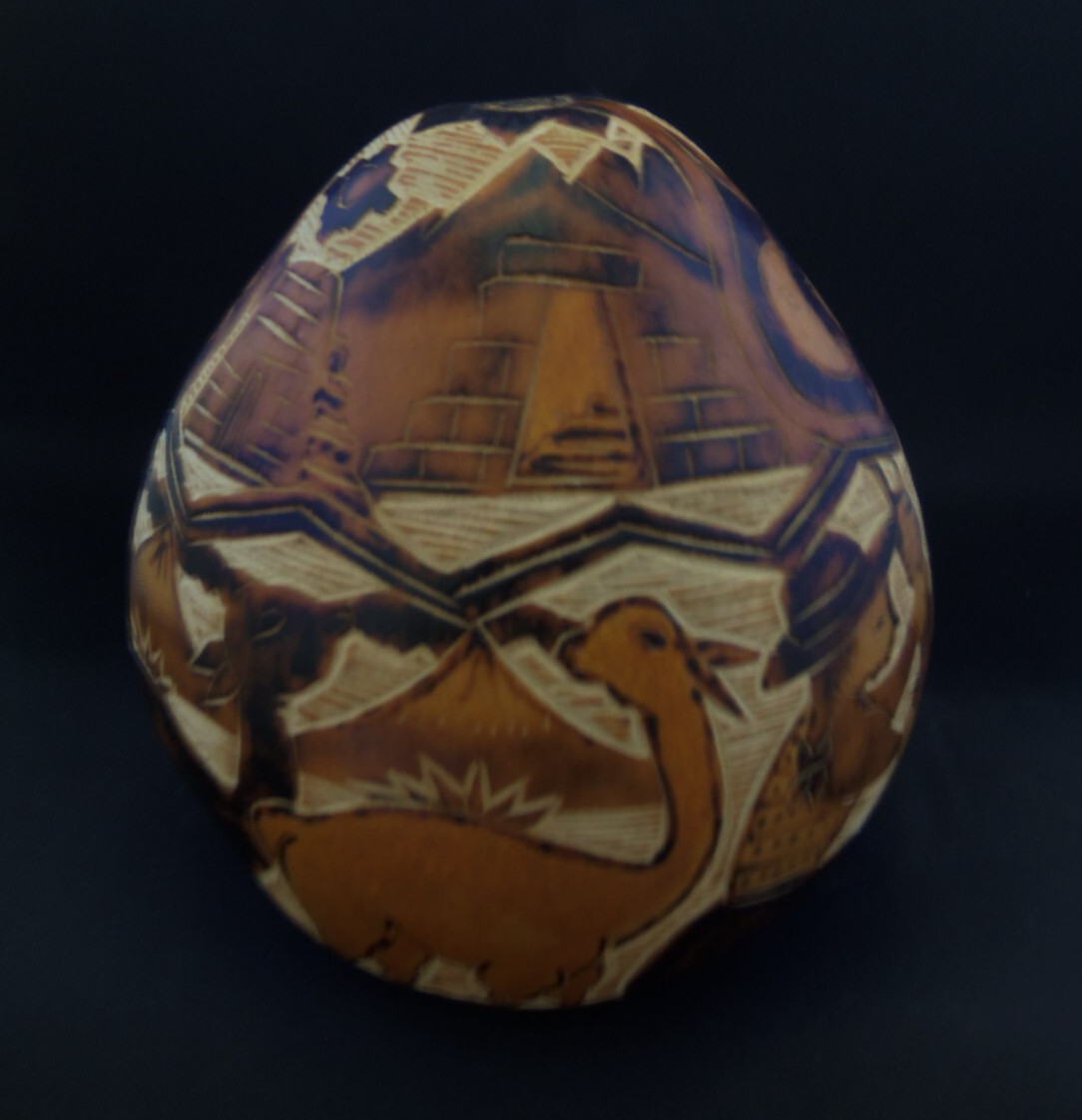 Hand Carved Peruvian Gourd Sun Moon Bird Jaguar, Snake, Pyramids, Alpacas