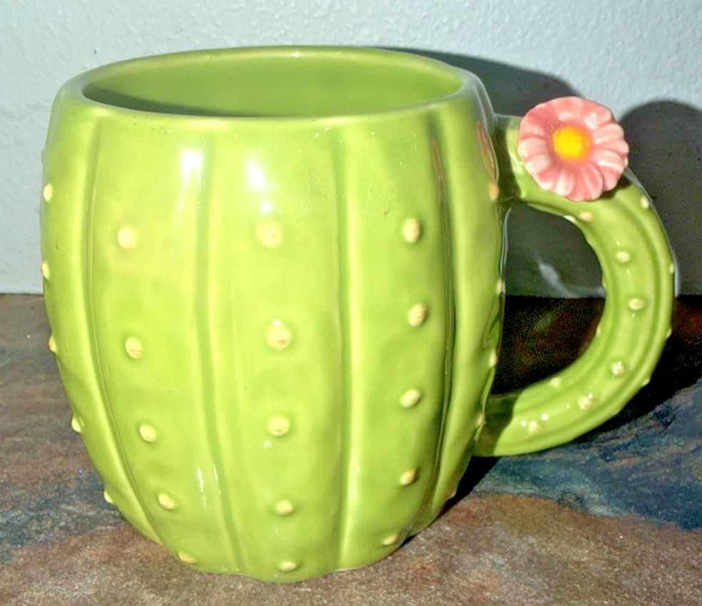 Pier 1 Cactus Mug Green Stoneware Flower Handle Coffee Cup EUC
