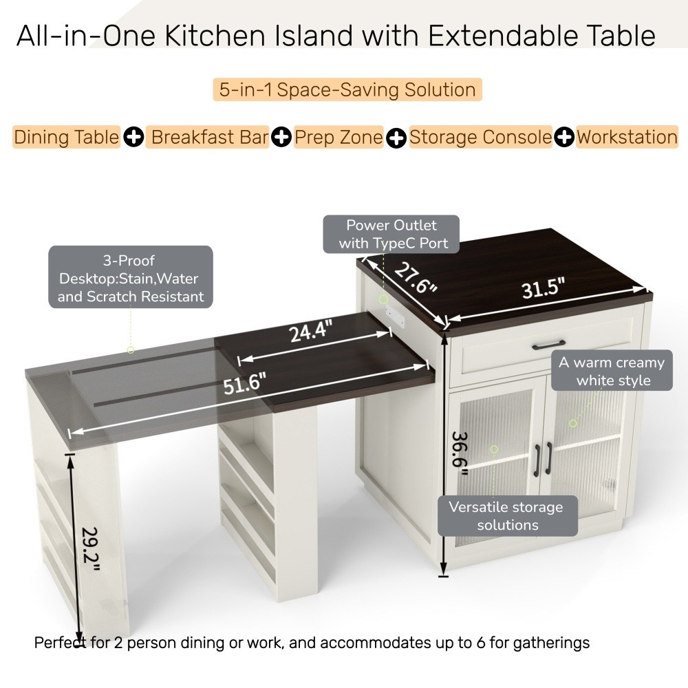 Extendable Kitchen Island Table with Power Outlet Storage Glass Doors Walnut