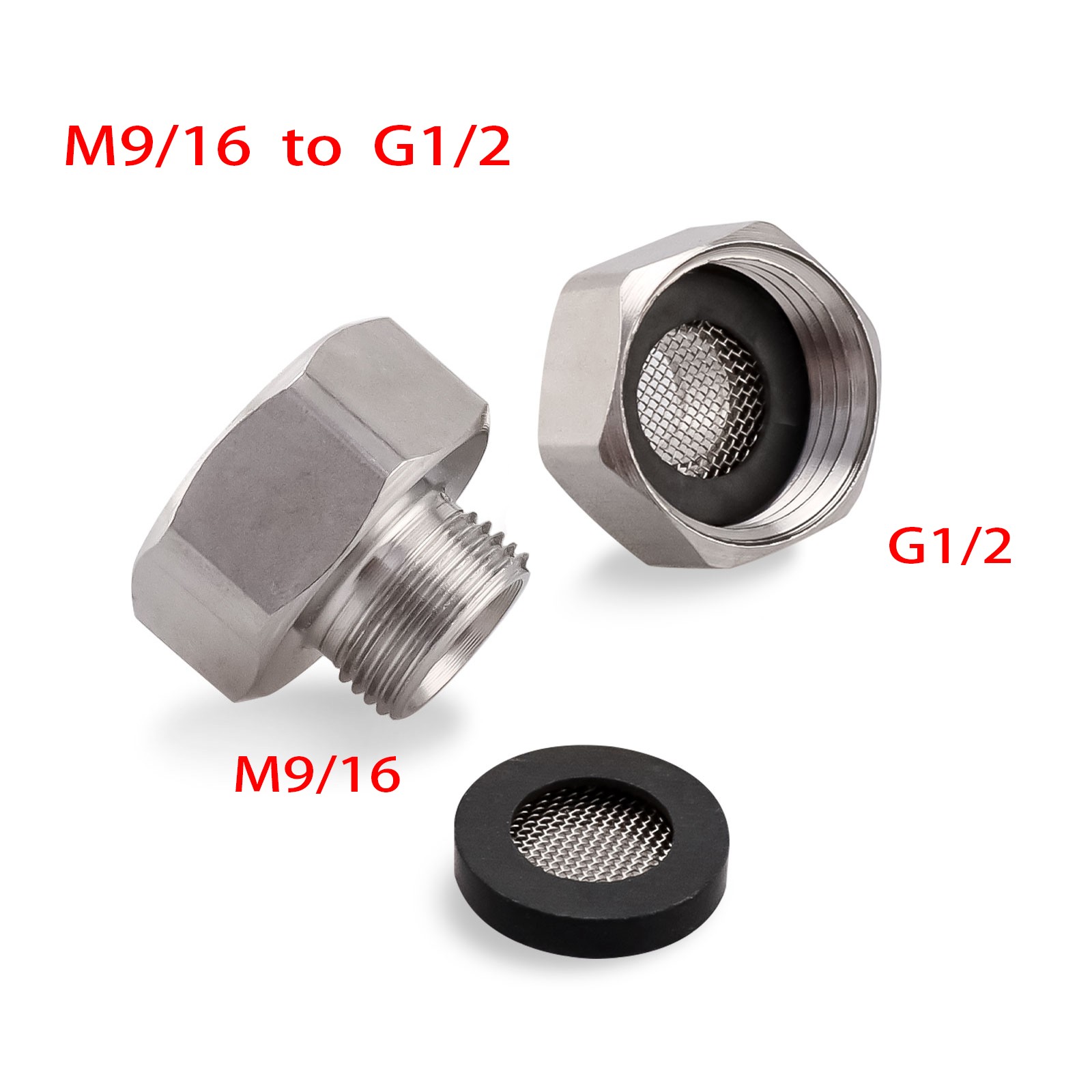 2 Pcs Faucet Adapter Kitchen Sink M9/16 Male to G1/2'' Female, Silver