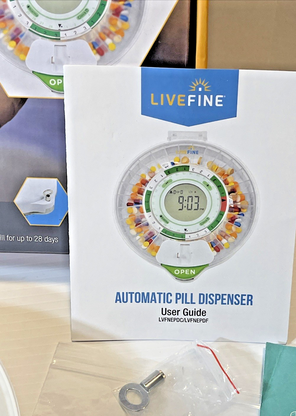 LiveFine Automatic Pill Dispenser with Key Lid Lock Alarm Large Display Open Box
