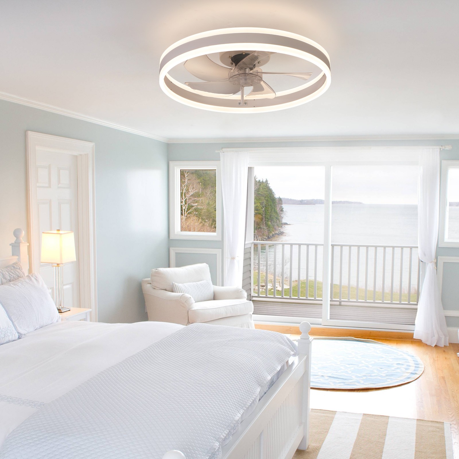 20" Flush Mount Ceiling Fan with Light and Remote, Dimmable LED, White