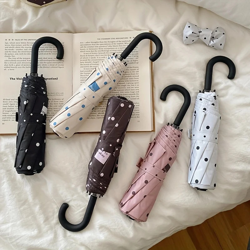 Stylish Round Dot Umbrella with U-Shaped Handle Compact Folding Umbrella for Wom