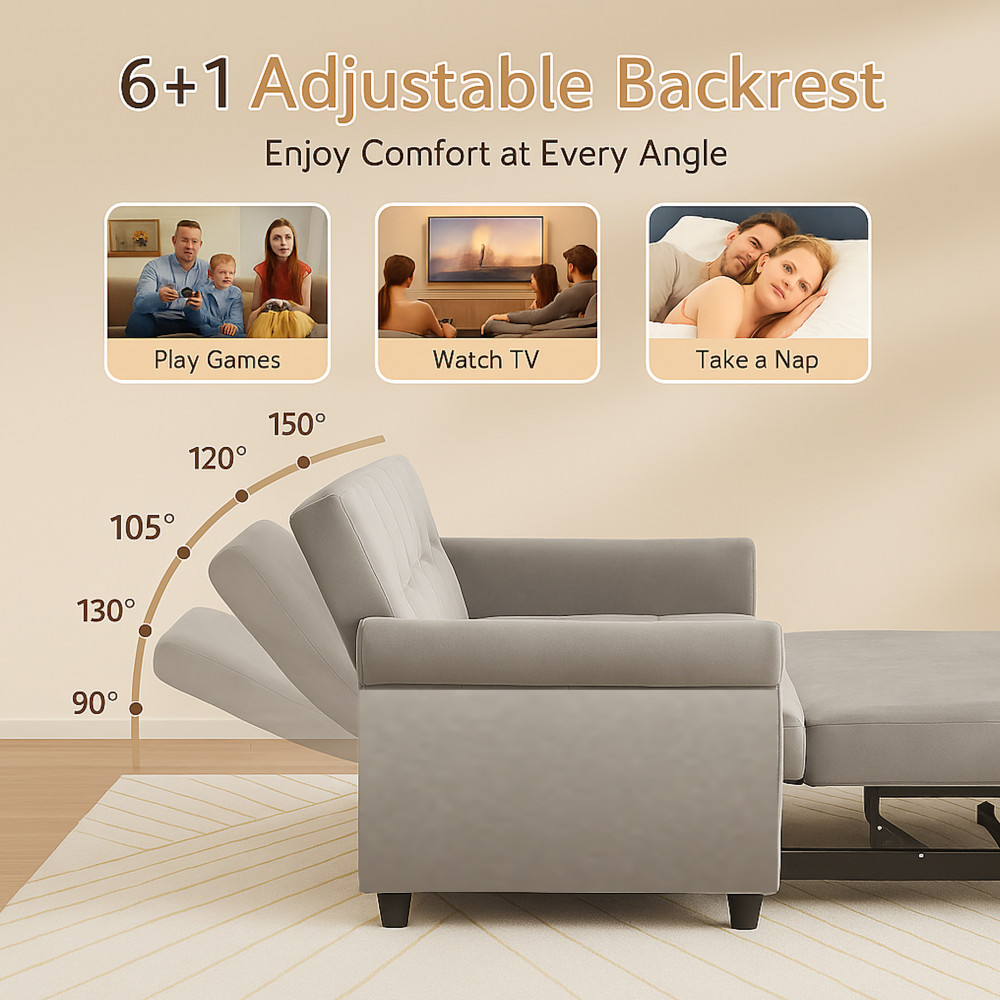 2-Seater Gray Convertible Velvet Loveseat Sofa Bed-Pull-Out,Side Pocket,Compact
