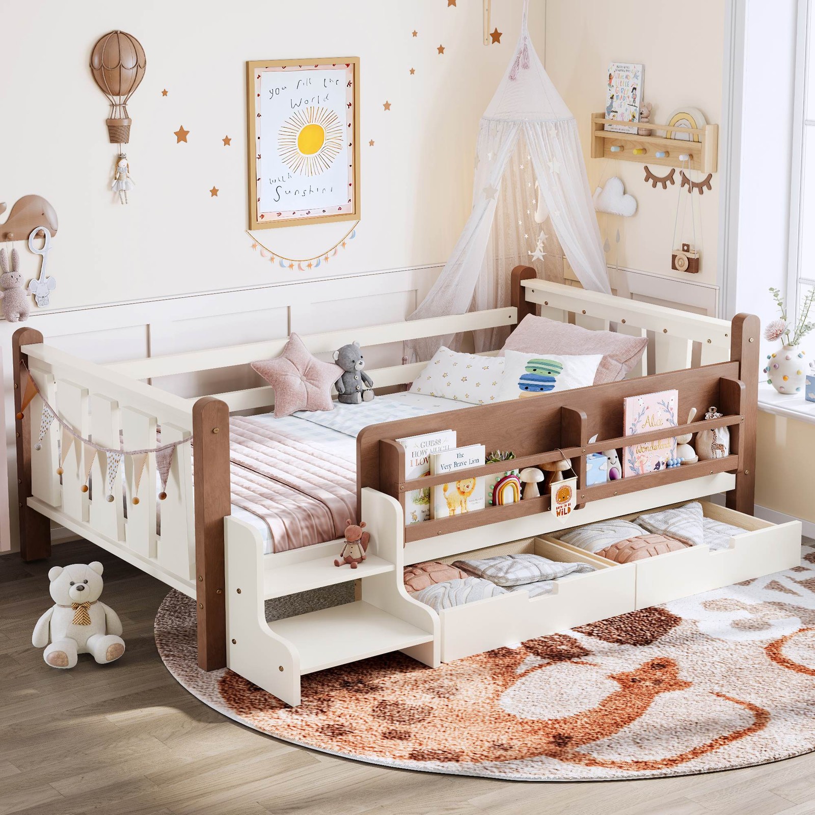 FUNIDEE Twin Size Floor Bed Plarform Bed Frame with Drawers and Bookcases Beige