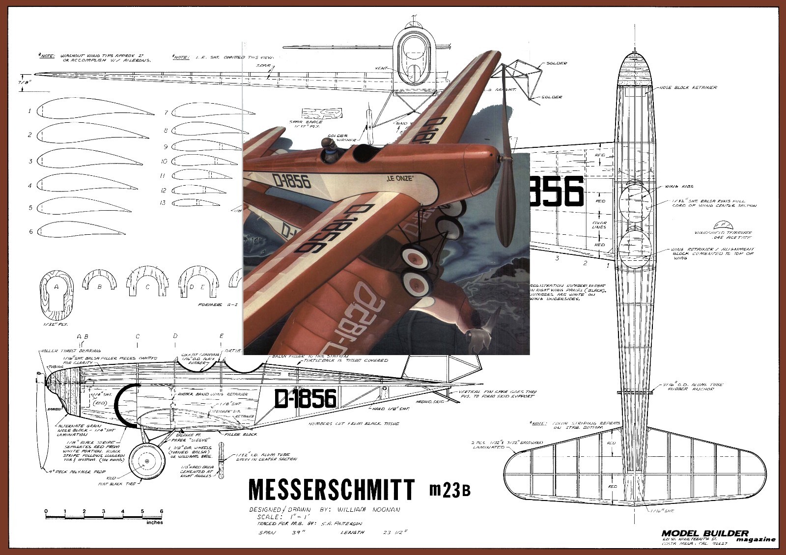 Model Airplane Plans (FF): Messerschmitt M23B 39" Span 1/12 Scale Rubber-Powered