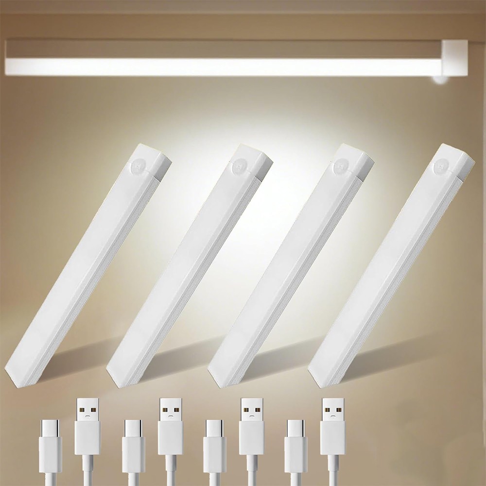 4 Pack LED Motion Sensor Under Cabinet Closet Light USB Rechargeable Lamp Strip