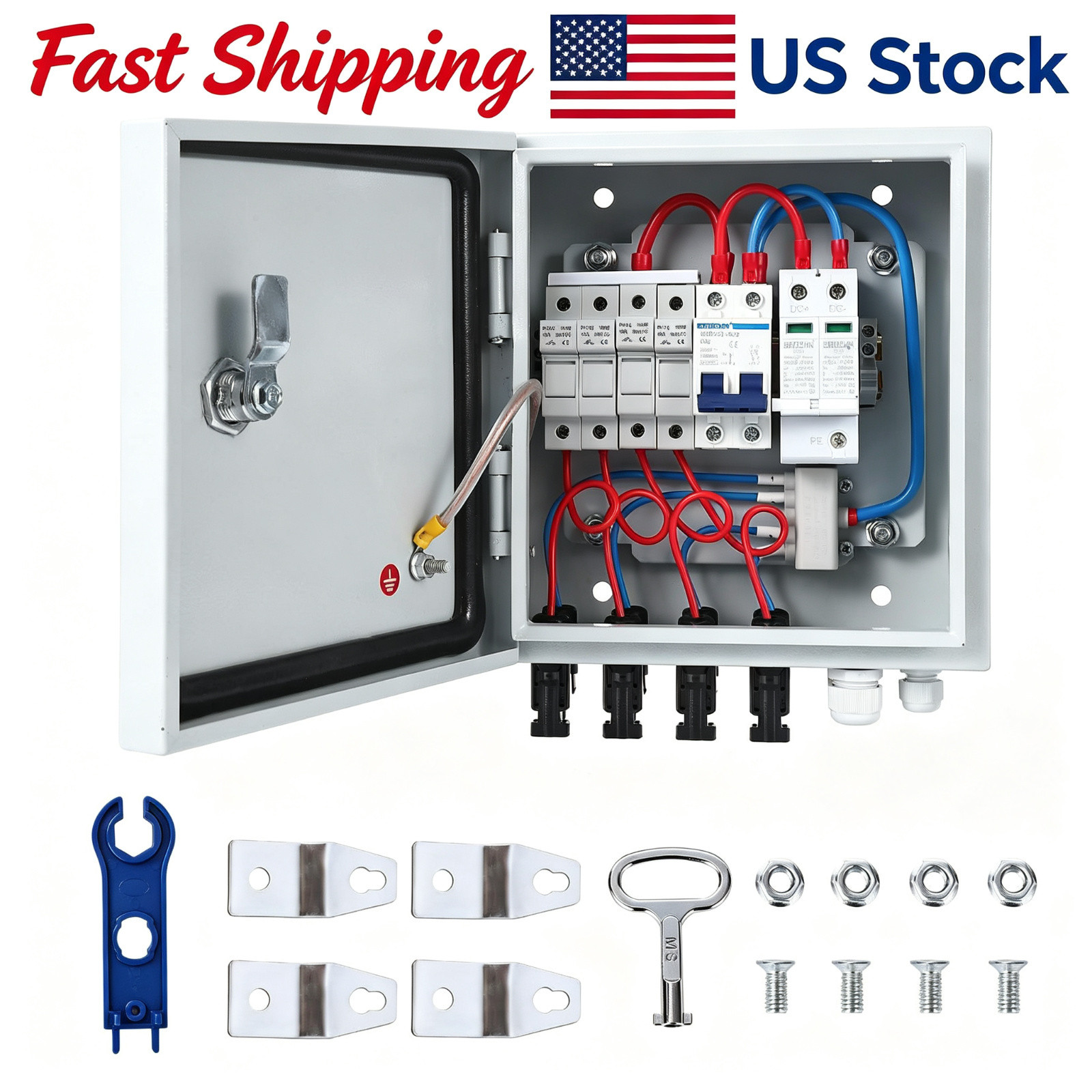 1PC 4 PV Combiner Box, Metal Enclosure DC 500V 15A Fuse Solar Combiner String