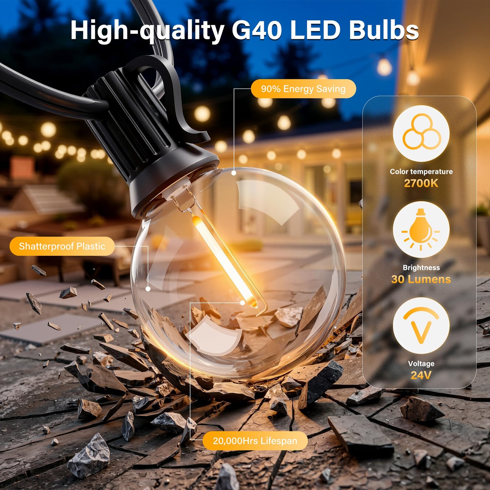 30FT Outdoor String Lights with Remote, Waterproof Connectable Dimmable G40 P...