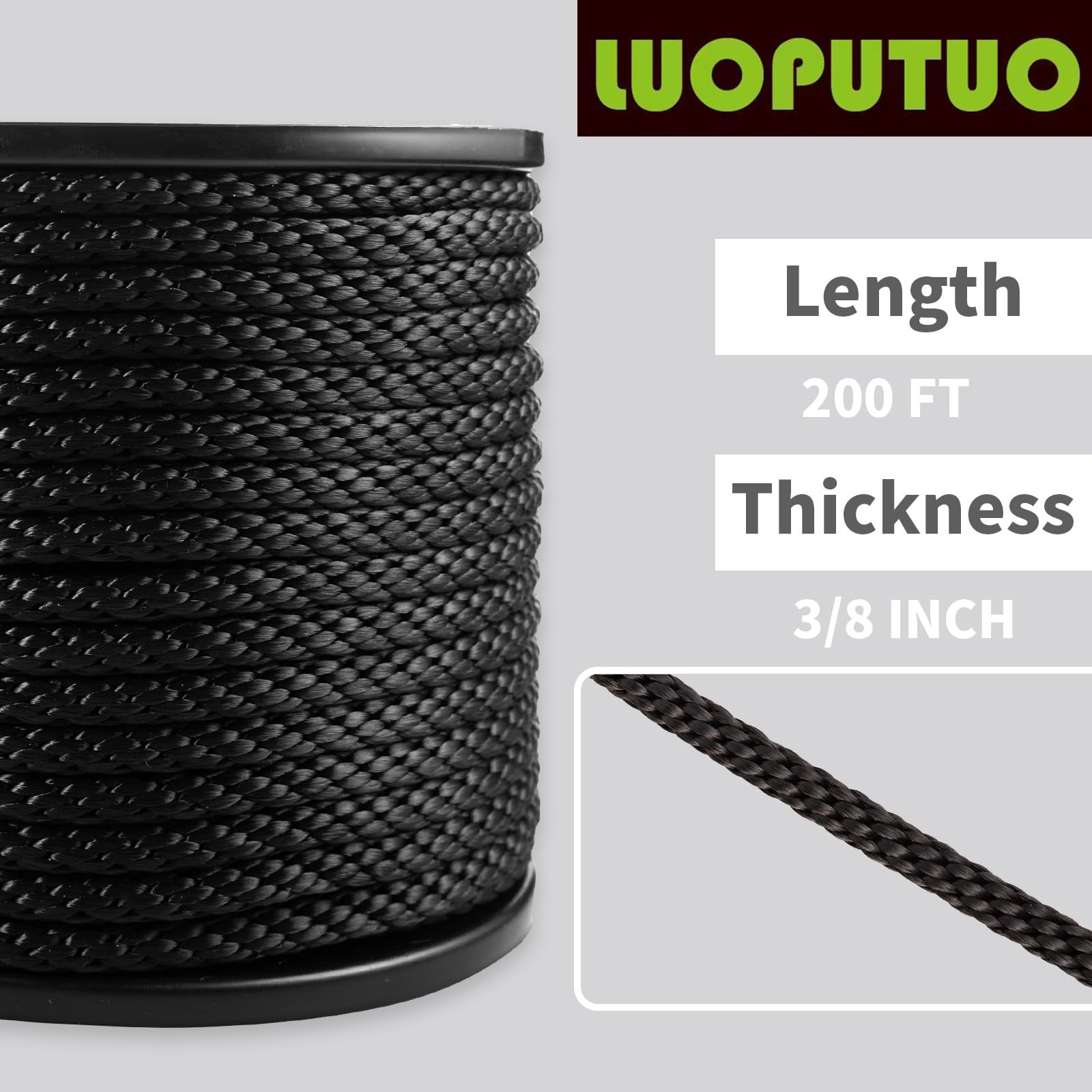3/8 Inch × 200 FT Black Polyester Solid Braid Rope – UV & Abrasion Re