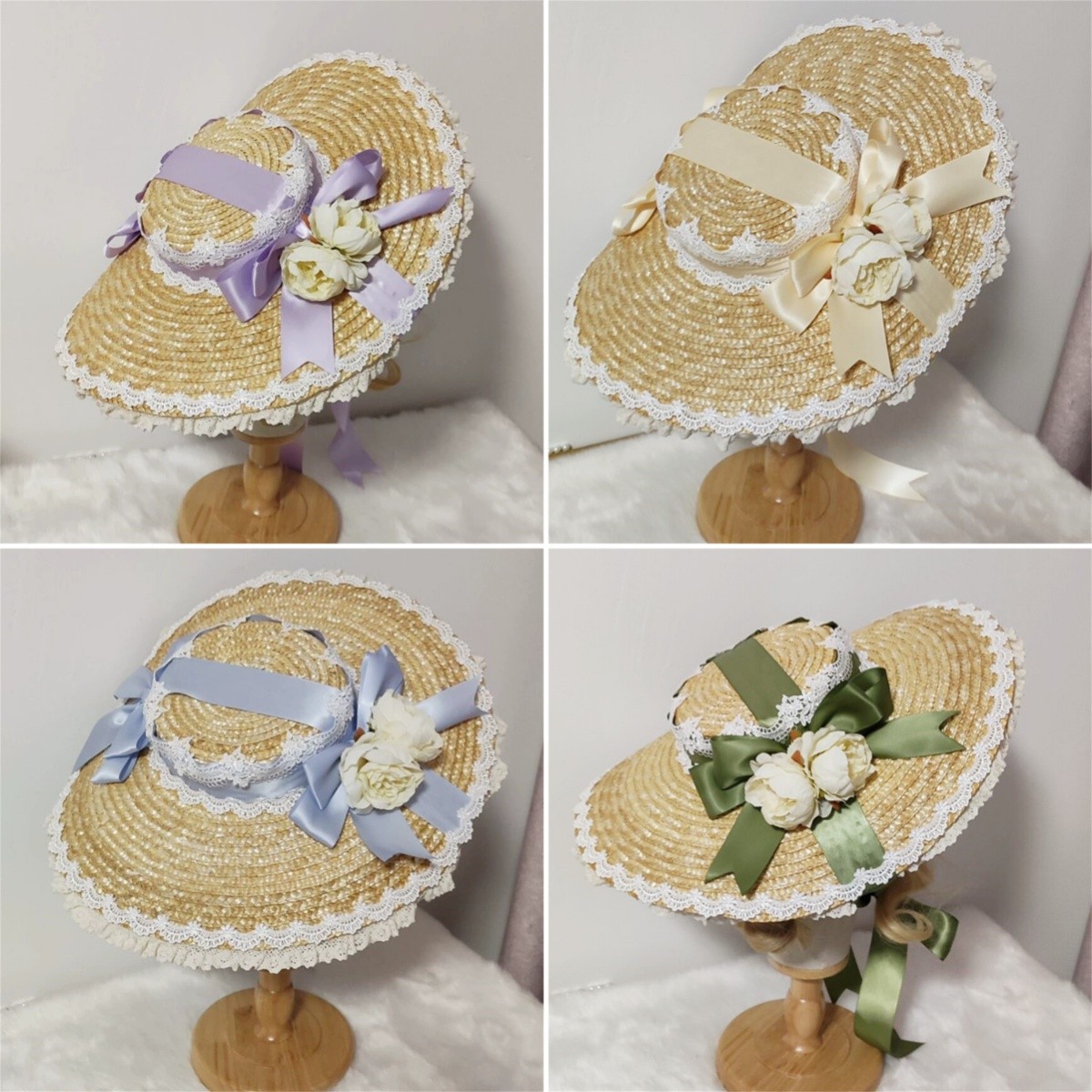 Women Victorian Tea Party Sun Hat Lolita Bow Flower Ribbon Flat Straw Bonnet Cap
