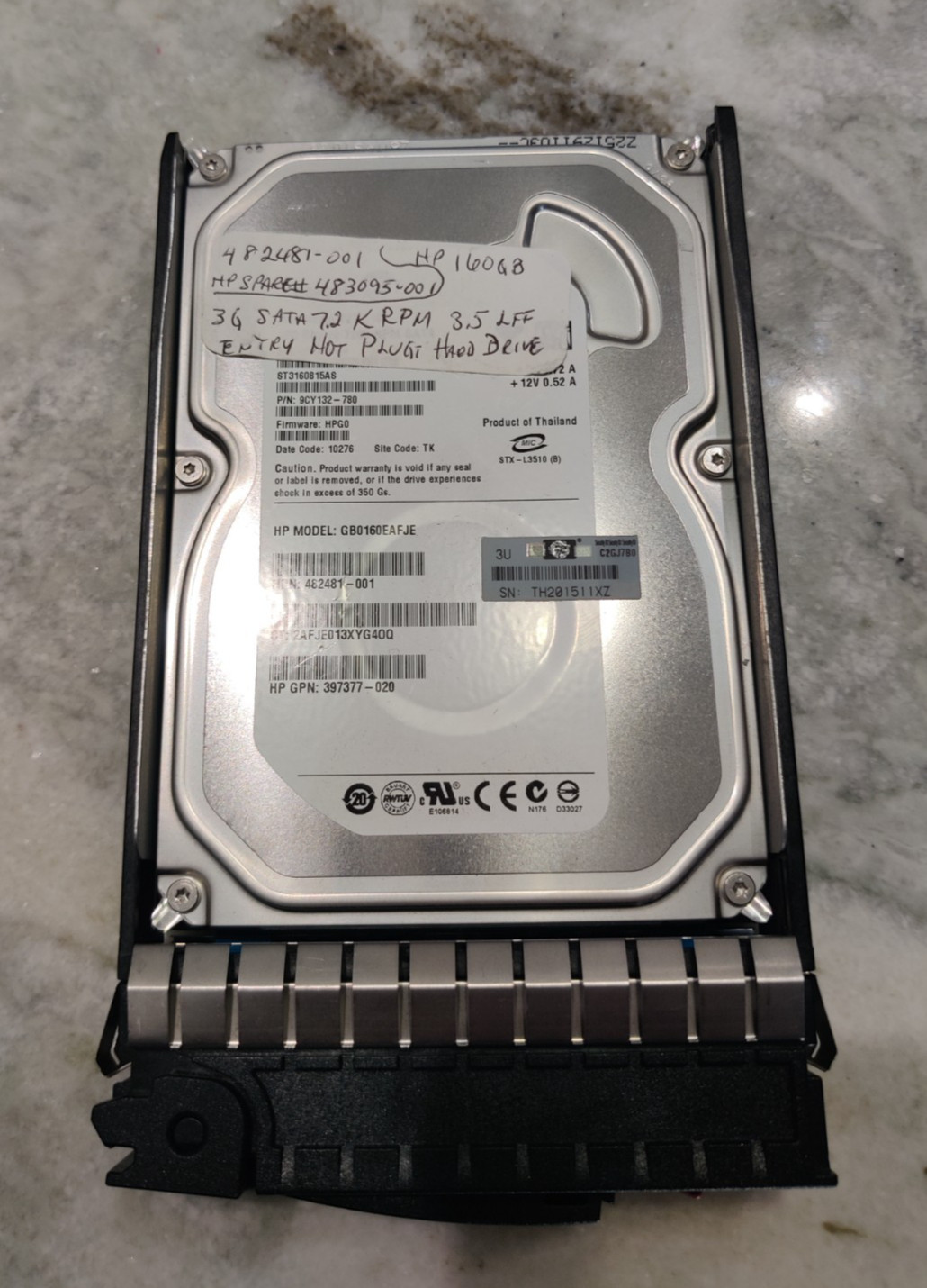 HP 160GB 7.2K rpm Hot Plug SATA Entry Hard Drive 482481-001, GB0160EAFJE