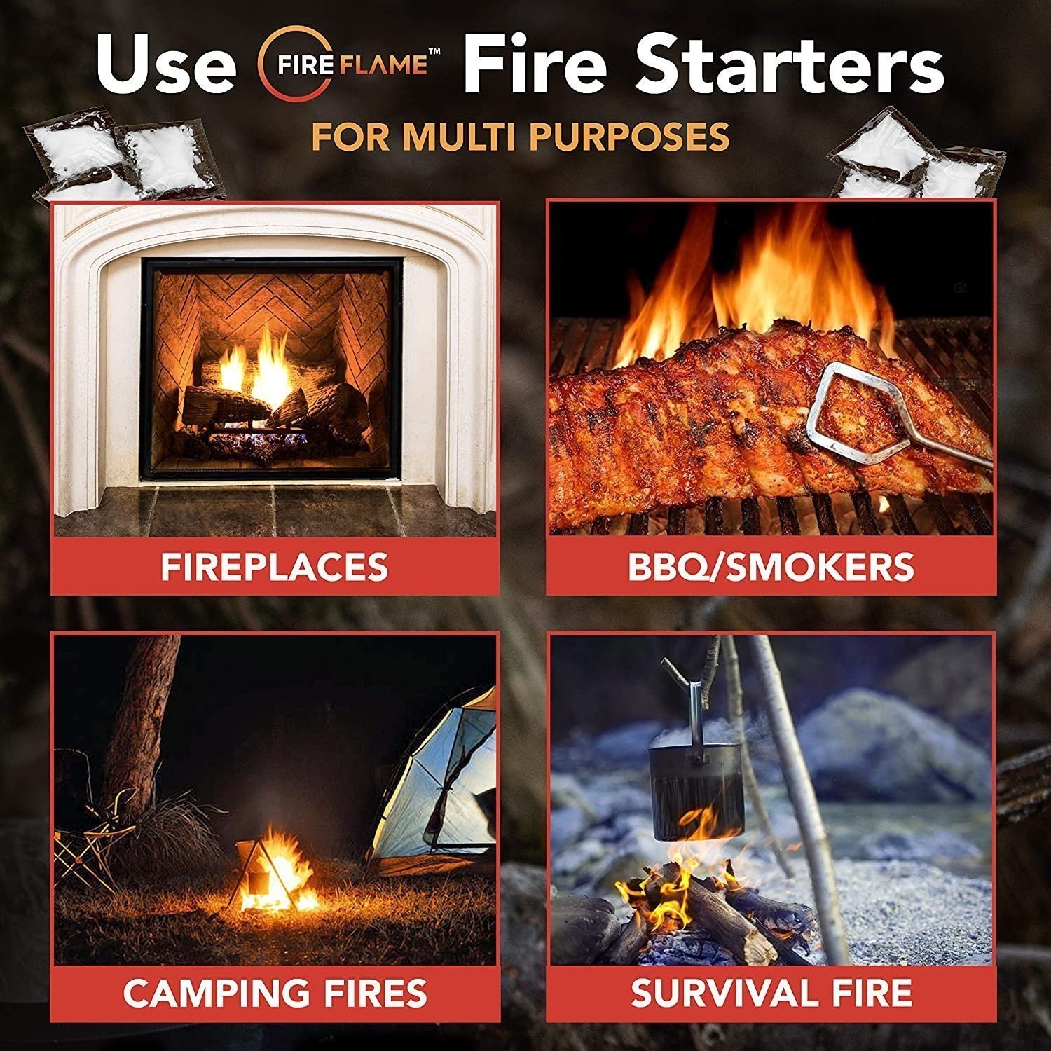 Fireflame Quick Instant Fire Starter - 100% Waterproof Indoor & Outdoor, 20 Pack