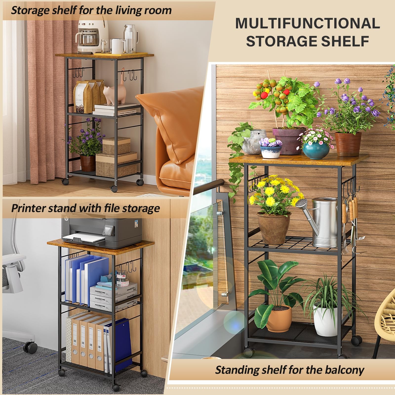 Rolling Kitchen Microwave Cart 3 Tier Table Stand Adjustable Shelf Organizer