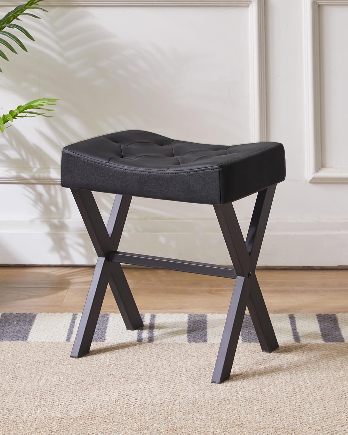 U-Shaped PU Vanity Stool Square Makeup Chair with X-Leg Ottoman Seat Footrest...