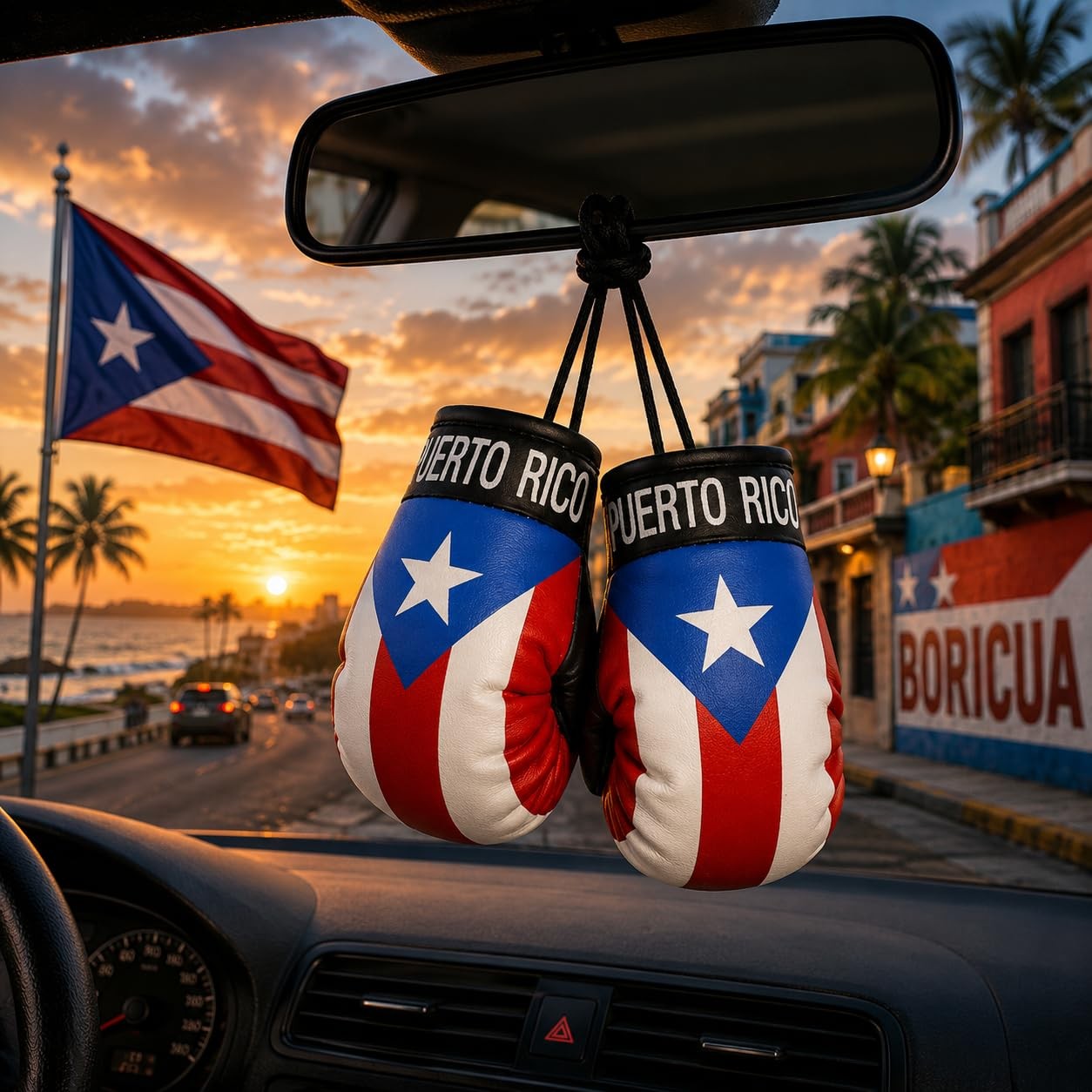 Puerto Rico Flag for car Boxing Gloves Rearview Mirror Red White Blue