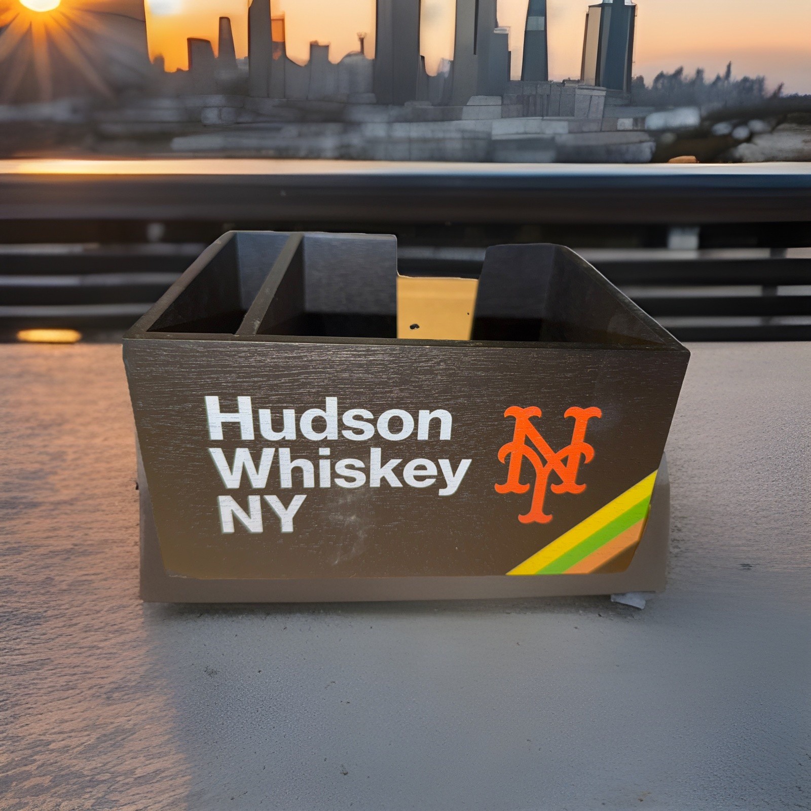 Hudson Whiskey, NY Mets. Wooded Napkin/straw Holder