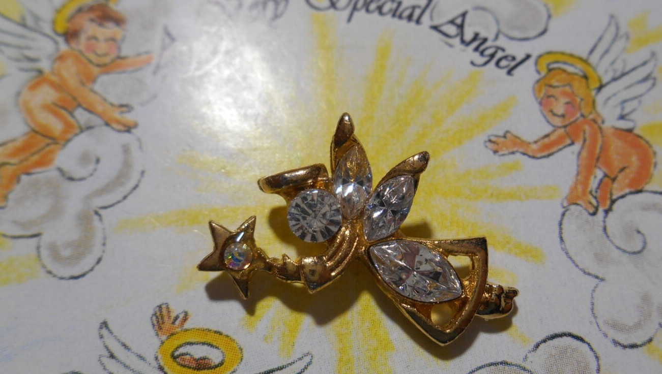 To Watch Over You ANGEL Pin Austrian Crystals Gold Tone USA Guardian Angel