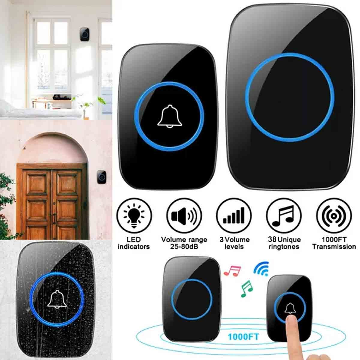 1000ft Wireless Door Bell, Waterproof Doorbell Chime 1 Push Button & 1 Receiver