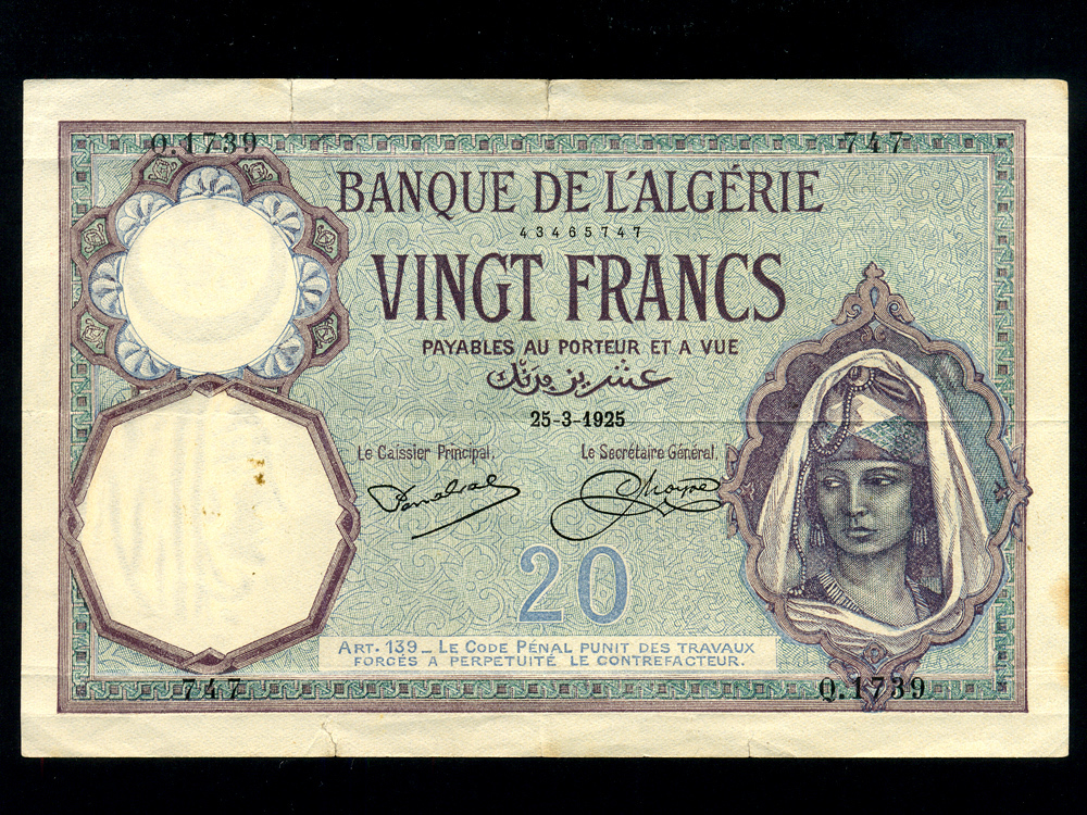 Algeria:P-78b,20 Francs 1925 * French Rule * Early Date *