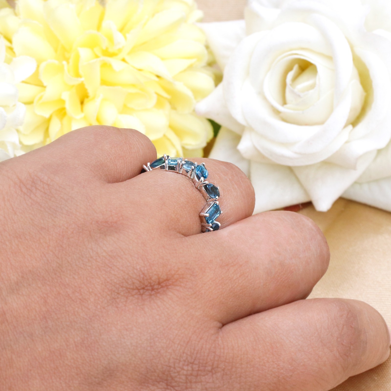 Lab Created Multi Shape London Blue Topaz Ring, Eternity Wedding Ring 925 Silver