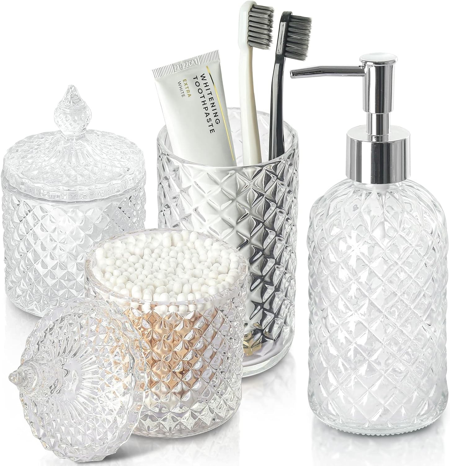 Bathroom Accessories Set, 4 Pack Clear Glass Bath Accessory Sets Complete, Diamo