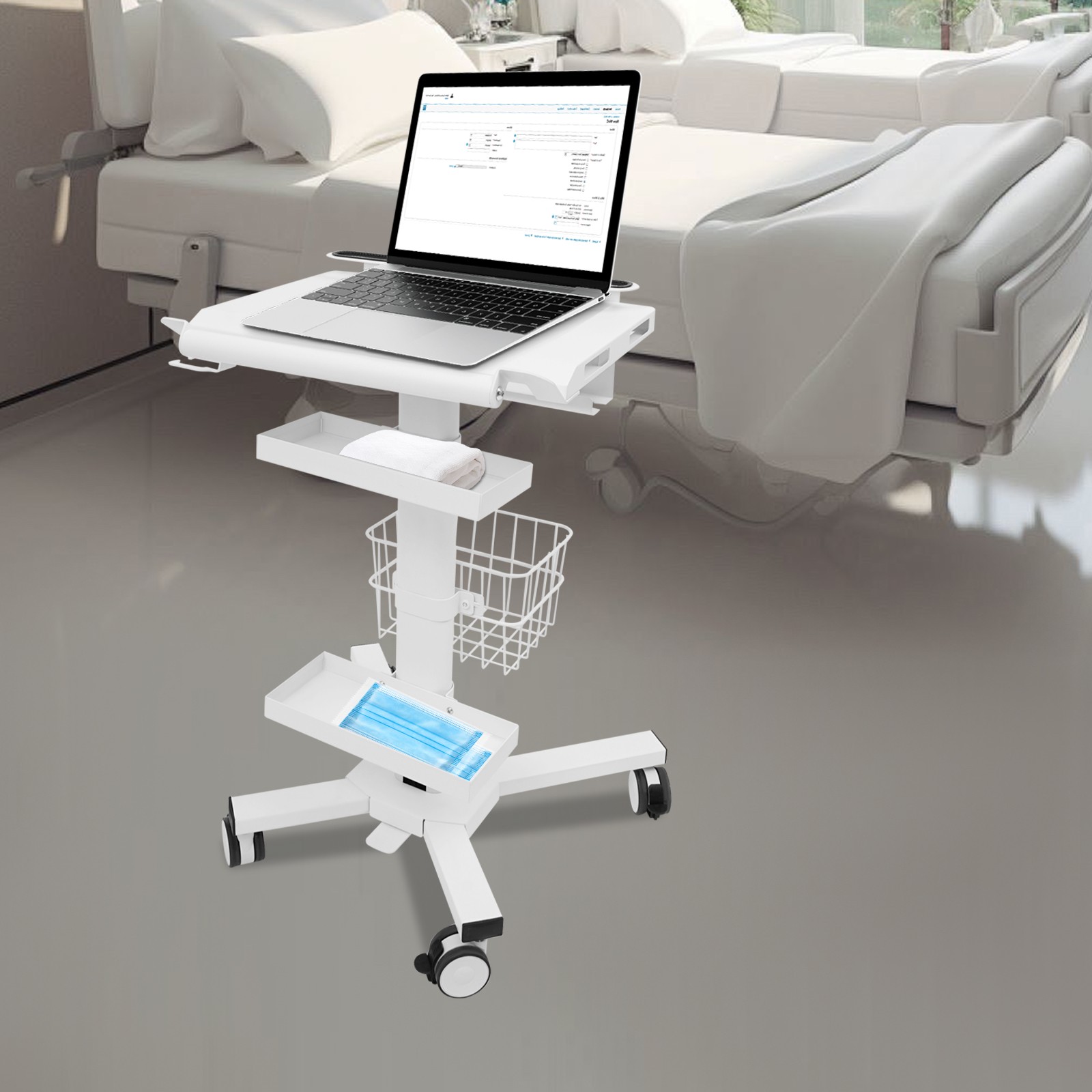 Laptop Workstation Cart, Medical Cart With Wheels, Cart With Scanner Holder