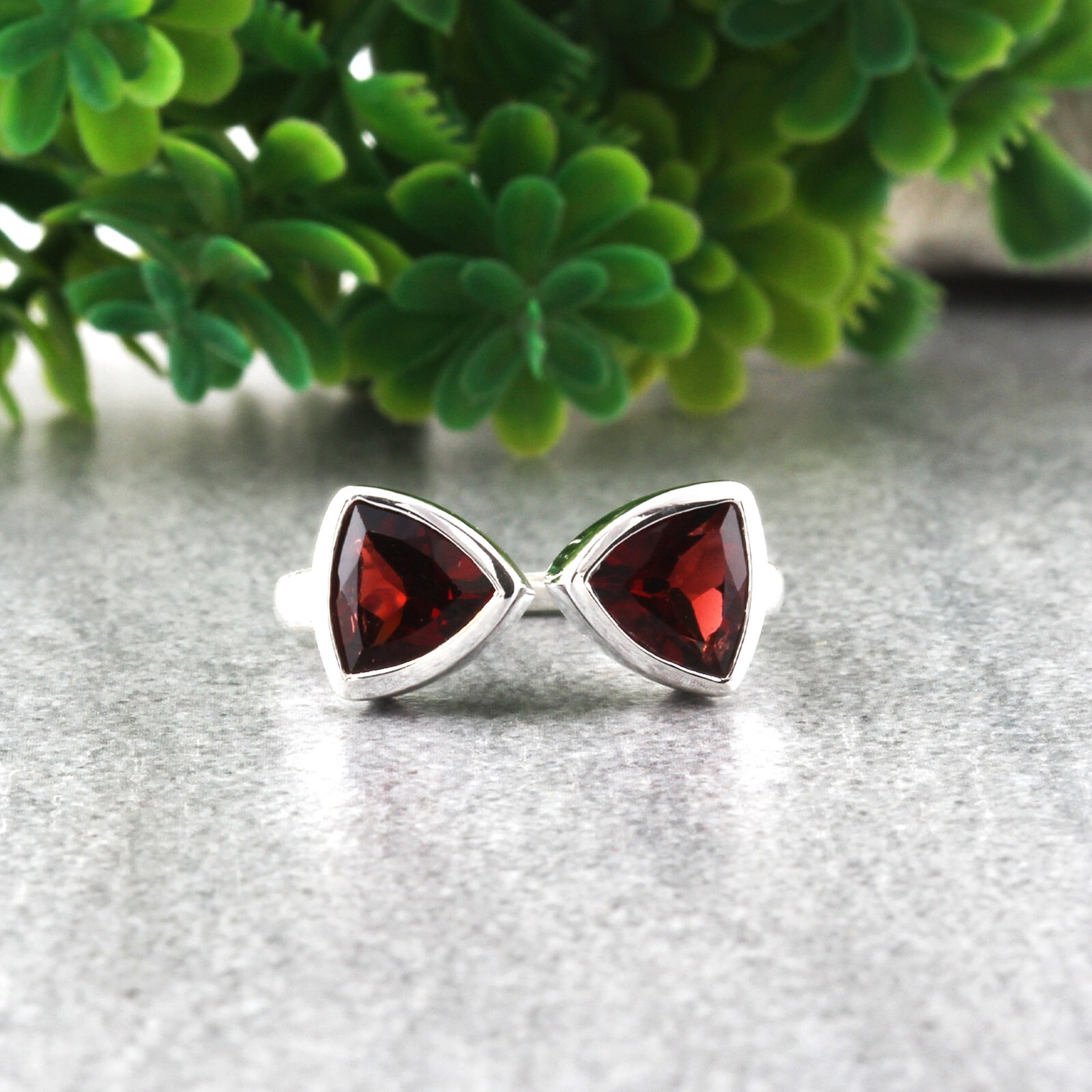 Natural Red Garnet Trillion Cut Open Band Ring January Birthstone Jewelry Women