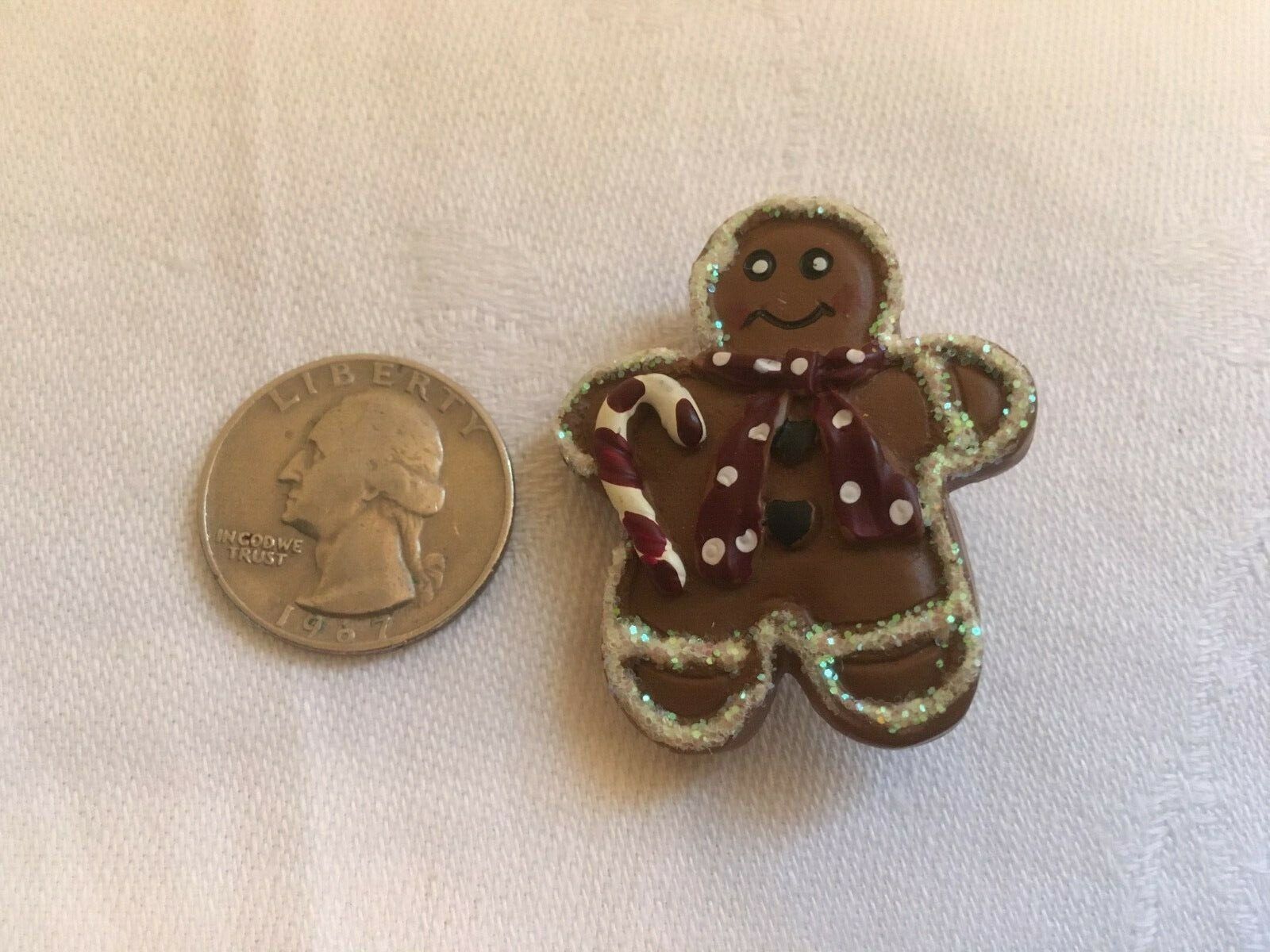 Vintage GINGERBREAD MAN Christmas Polka Dot Bow Candy Cane w/ White Glitter Trim