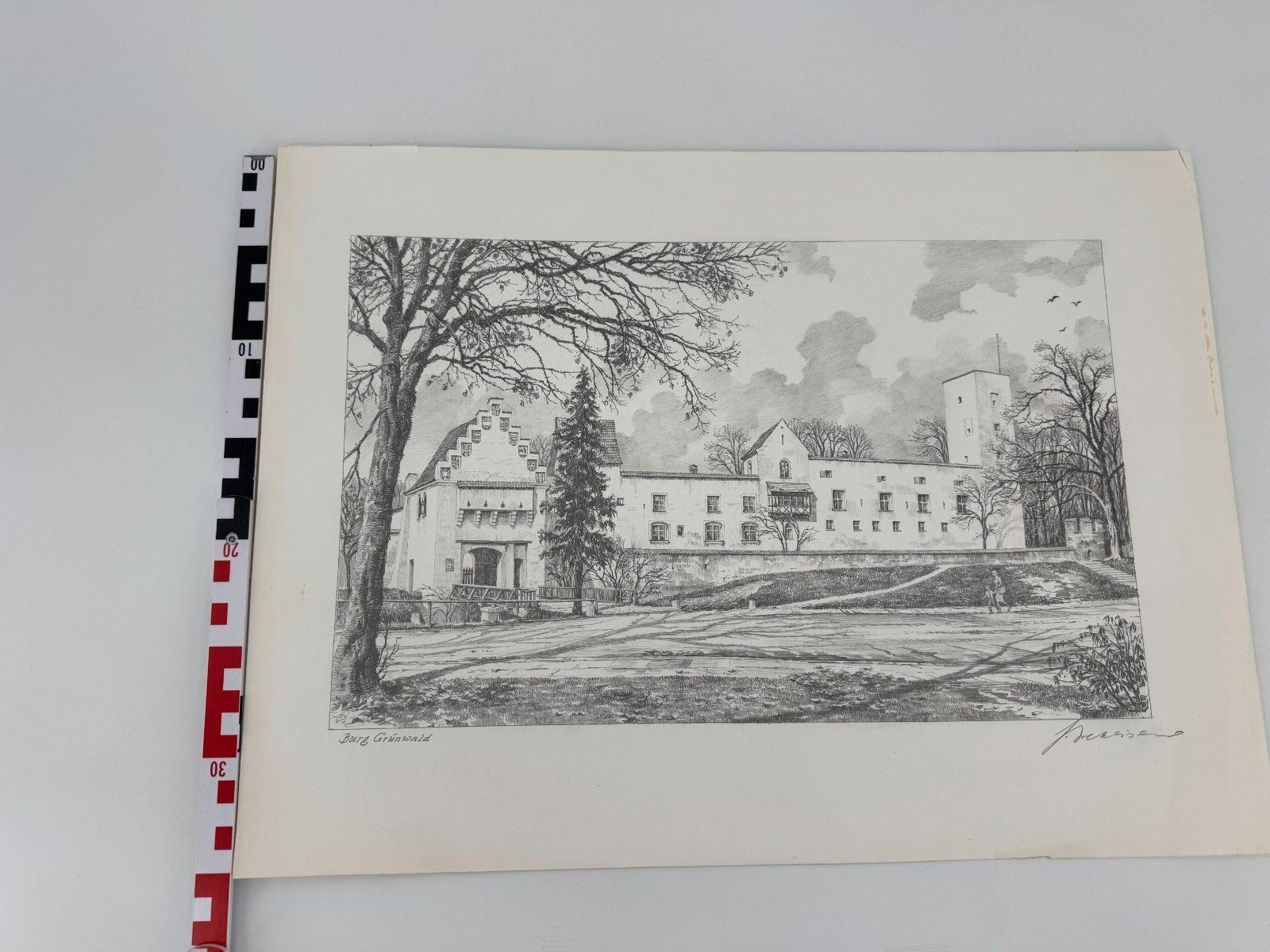 * HEINZ WEHLISCH DRAWING CASTLE GRÜNWALD MUNICH VIEW SIGNED