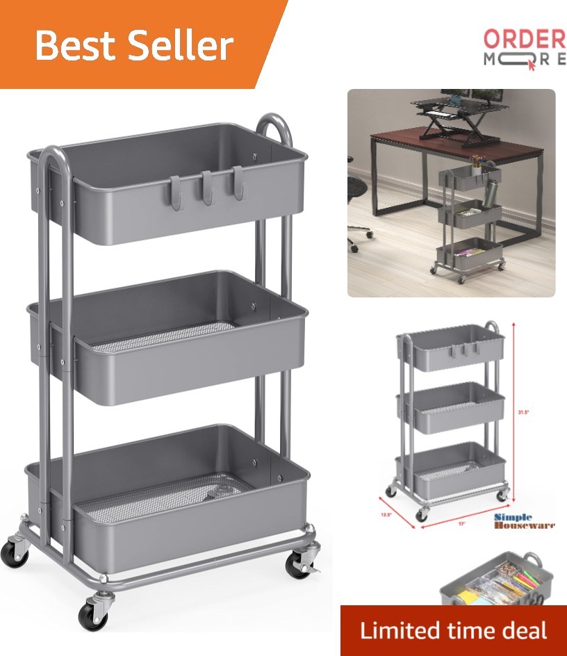 Heavy Duty Metal Utility Rolling Cart 3 Tiers Storage Organizer Silver