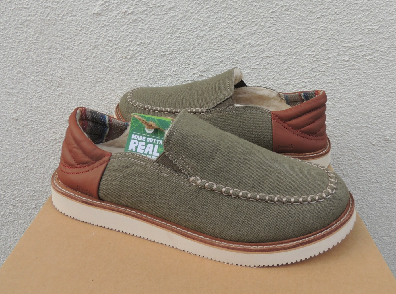 SANUK COZY VIBE STONE GREY SM WOOL/ FAUX FUR SLIPPER SHOES, MEN US 8/ EUR 41 NWT