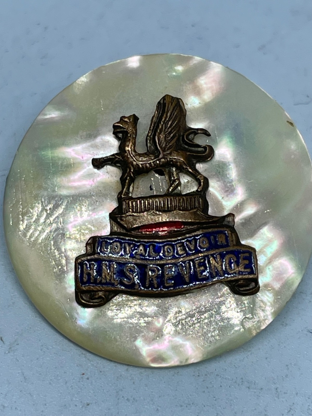 HMS Revenge - British Royal Navy Sweetheart Brooch with Mother of Pearl Backing