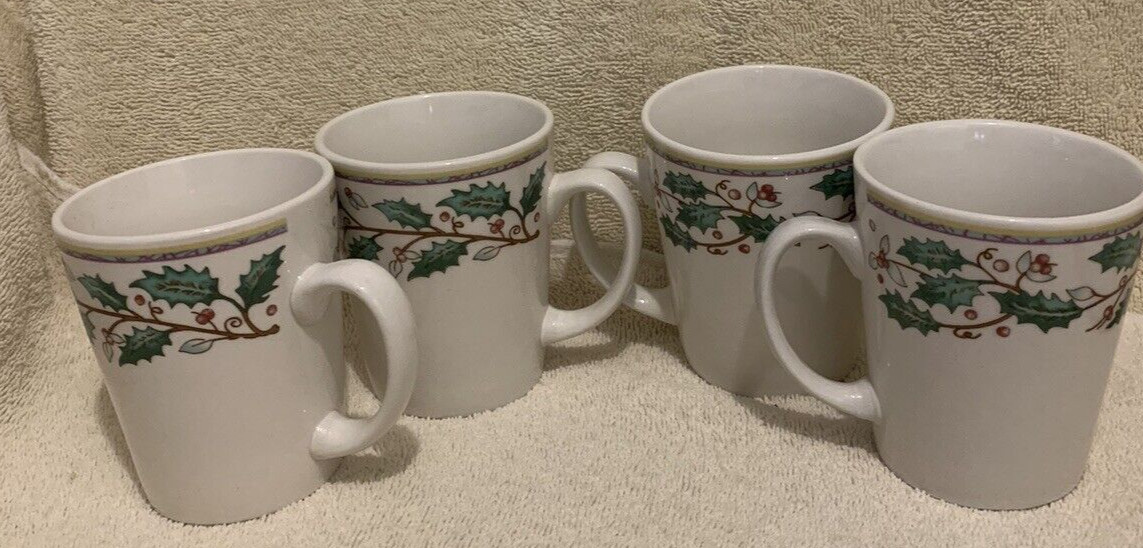 4 Pc Gibson HOLLY LEAVES & BERRIES Coffee Mugs 3 3/4" - NEW