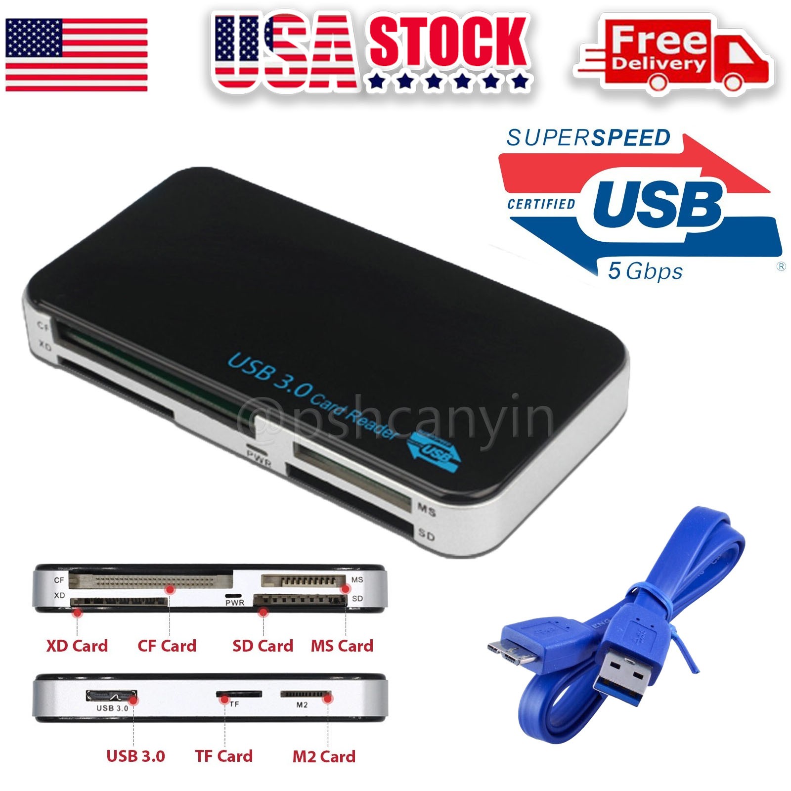 5GBPS USB 3.0 Memory Card Reader Adapter Fit For CF/TF/SD/Micro SD/XD/M2/MS Card