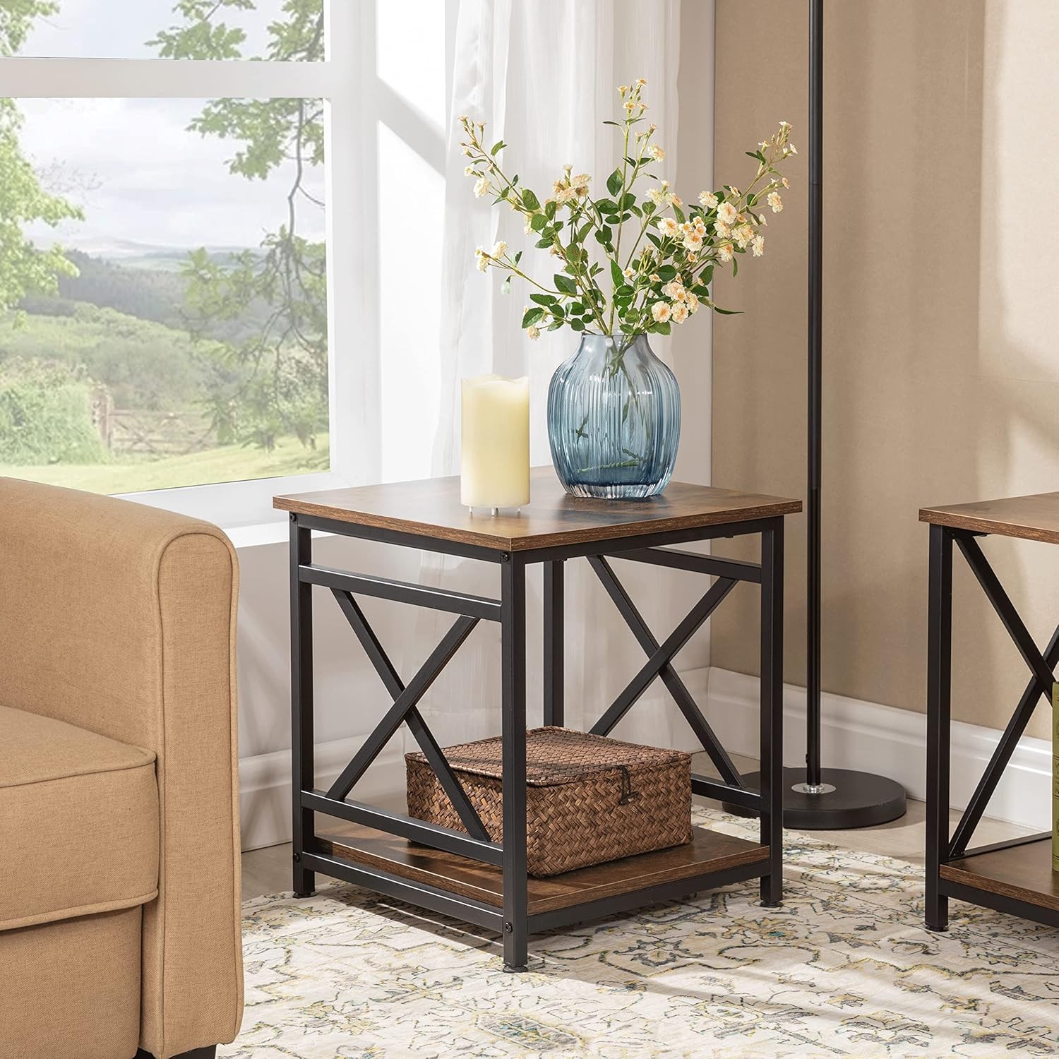 Industrial End Table W/ 2-Tier Storage Shelf 18'' Square Side Table W/ X-Design
